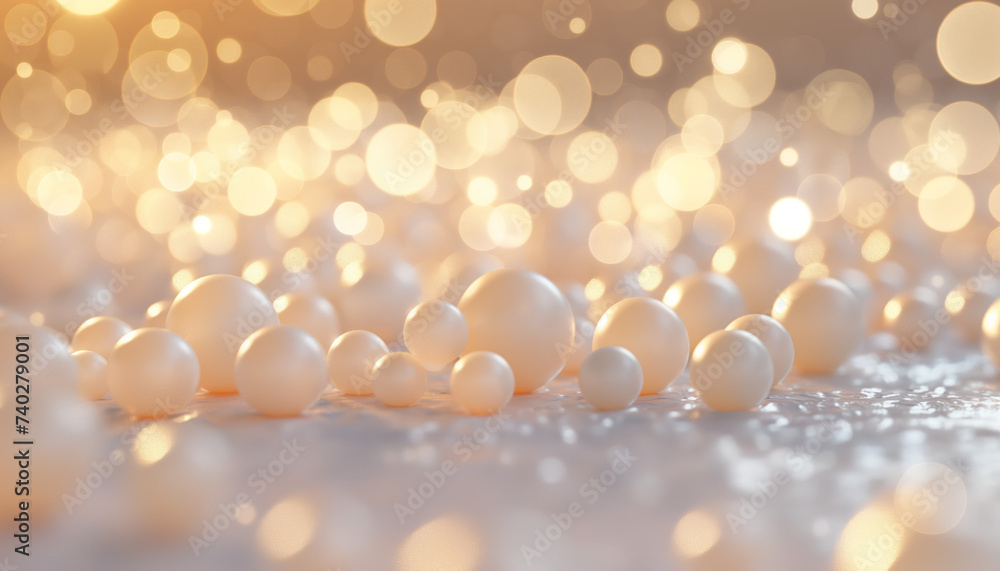 Poster abstract background with with random white spheres and warm light