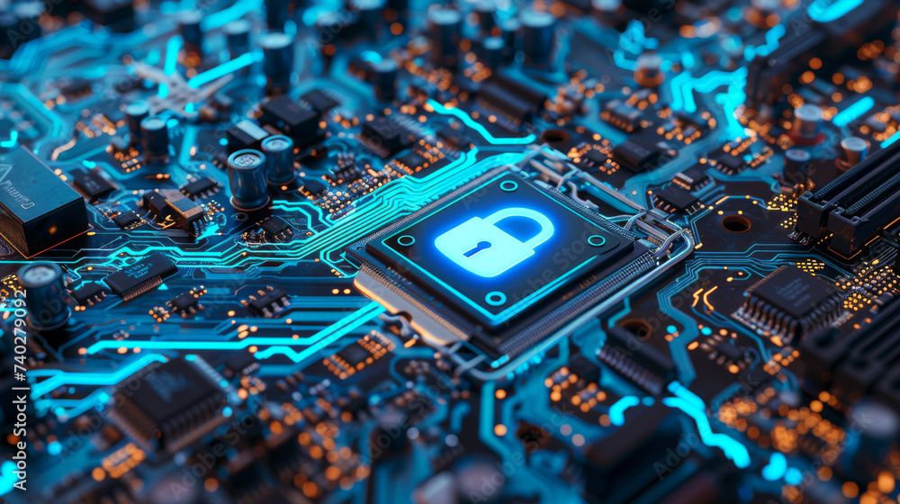Poster a close-up of a motherboard featuring a security chip with a lock symbol, surrounded by circuits and