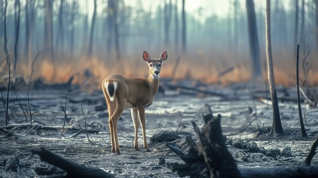 Solitary Deer Amidst the Ashes of a Burnt Forest