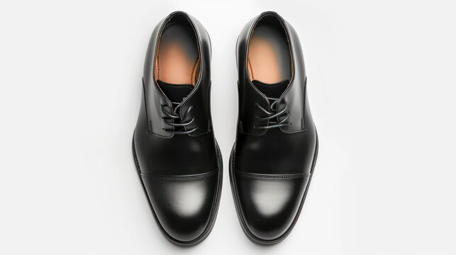 Black leather men's shoes, classic in style, isolated on a white background, viewed from the top