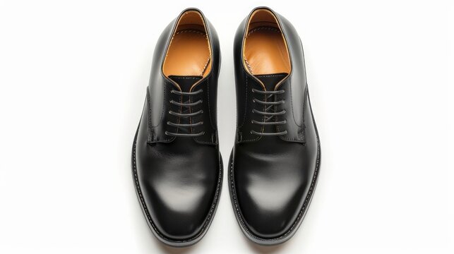 Black leather men's shoes, classic in style, isolated on a white background, viewed from the top