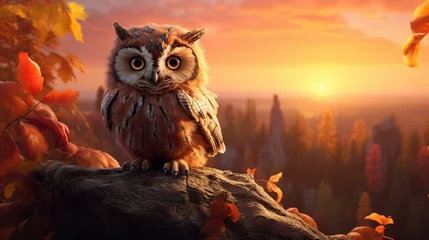 Poster The innocence and charm of a fluffy owl set against the warm hues of a September sunrise create a truly magical sight. © zahra