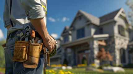 close-up view of a construction worker from the waist down, wearing a reflective safety vest and a tool belt with various hand tools, with a white hard hat in hand