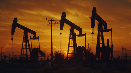 Fototapeta na wymiar multiple oil pumps silhouetted against the backdrop of a vivid sunset sky, signifying the operation of an oil field during dusk.