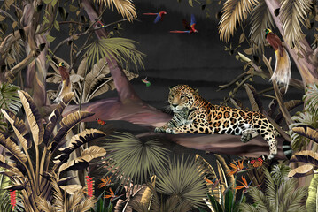 Wallpaper with a jaguar animal background pattern in a dry tropical forest with trees, plants, birds and butterflies on a dark background.