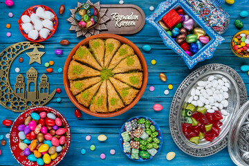 Colorful Eid Mubarak Candy and Chocolate, Ramadan Kareem Concept Photo, Uskudar Istanbul, Turkiye (Turkey)