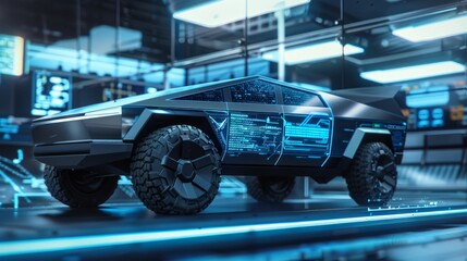 A cybertruck car showcased in a blue HUD interface, epitomizing the future of cyber technology, with the vehicle presented on a podium. This scene exudes a cyberpunk aesthetic - obrazy, fototapety, plakaty