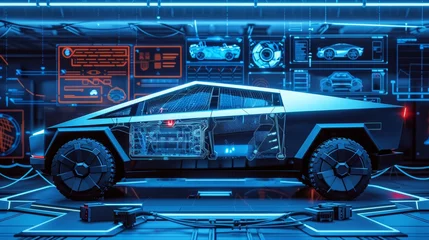Foto op Canvas A cybertruck car showcased in a blue HUD interface, epitomizing the future of cyber technology, with the vehicle presented on a podium. This scene exudes a cyberpunk aesthetic © Orxan