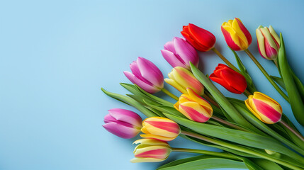 Bouquet of Colorful Tulips on Blue Background: Fresh Spring Flowers for Valentine's Day, Easter, Women's Day, and Mother's Day Celebrations