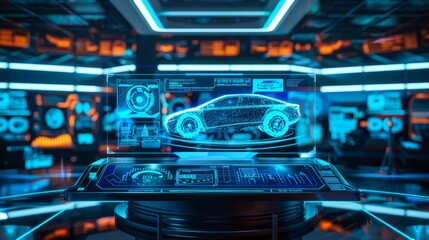 A cybertruck car showcased in a blue HUD interface, epitomizing the future of cyber technology, with the vehicle presented on a podium. This scene exudes a cyberpunk aesthetic