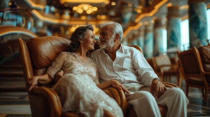 Obraz na płótnie Canvas On a luxury cruise vacation, the retired couple joins other passengers on the dance floor of the ship's ballroom, gliding gracefully across the polished floor as they enjoy the romance of the open sea