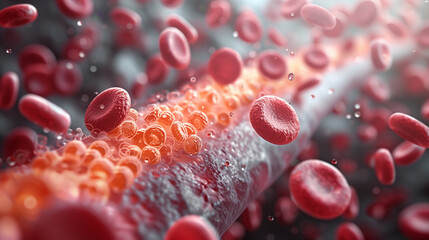 Within confines of blood vessels, erythrocytes and cholesterol cells navigate circulatory system - obrazy, fototapety, plakaty