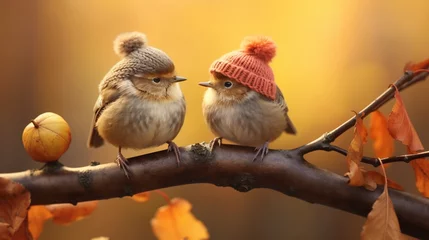 Tuinposter Two charming birds, sparrows, donning cute knitted hats, perched on a tree branch amidst an autumnal ambiance. Hello autumn. Autumn character. © zahra