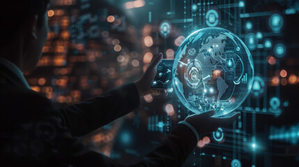 An individual is interacting with a futuristic holographic interface projected from a tablet, displaying data analytics, global networks, and cyber security elements.