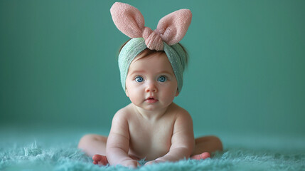 Studio shot of a baby sitting wearing an Easter bunny