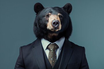 Portrait of a bear dressed in an elegant suit on a dark green background - 740281209