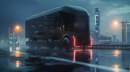 A futuristic autonomous truck, akin to a cyber truck, equipped with self-driving capabilities