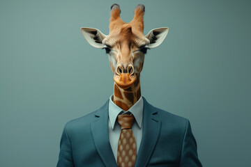 Portrait of a giraffe dressed in an elegant suit on a dark green background - 740281230