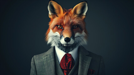 Portrait of a fox dressed in an elegant suit on a dark background - 740281246