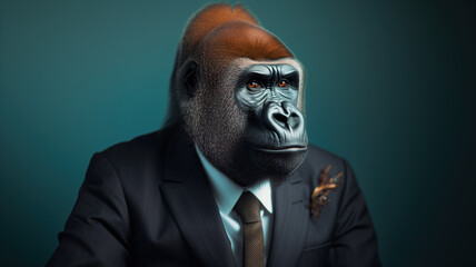 Portrait of a gorilla dressed in an elegant suit on a dark green background - 740281260