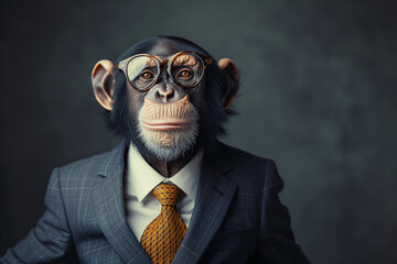 Portrait of a monkey with glasses dressed in an elegant suit on a dark background - 740281481
