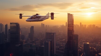 Autonomous flying taxi soaring over city skyline at sunset , new era in transportation - obrazy, fototapety, plakaty