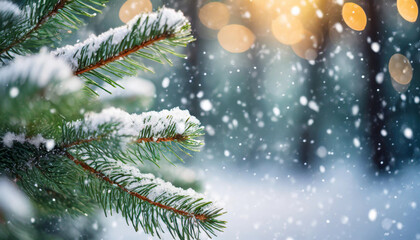Christmas tree branches outdoors, with twinkling bokeh and falling snow, evoking holiday magic and serenity
