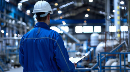 An engineer in a blue uniform with a safety helmet is inspecting a petrochemical plant with a clipboard in hand, surrounded by intricate metal structures and pipelines
