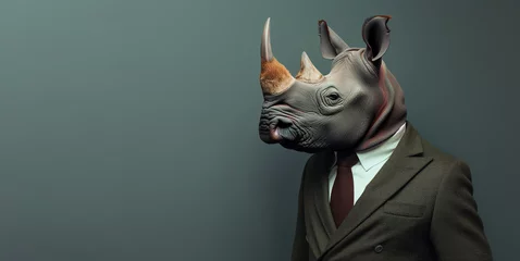 Foto op Canvas Portrait of a rhinoceros dressed in an elegant suit on a dark background © Cla78