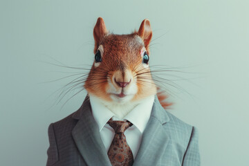 Portrait of a squirrel dressed in an elegant suit on a grey background - 740281671