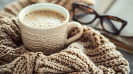 Cozy home atmosphere with beige sweater, book, glasses, and coffee mug on gray bed