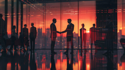 Two professionals engage in a handshake in a modern office with a panoramic view of the city at...