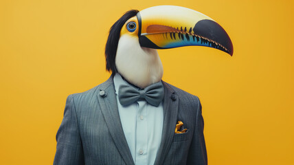 Fototapeta premium Portrait of a toucan dressed in an elegant suit on an orange background