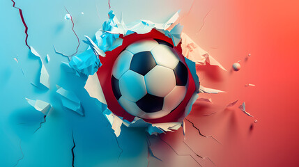 Dynamic Soccer Ball Bursting Through Colorful Barrier - obrazy, fototapety, plakaty
