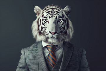 Portrait of a white tiger dressed in an elegant suit on a dark background