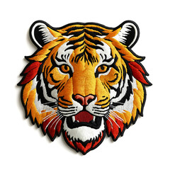 Colorful tiger head embroidered patch badge on white background.