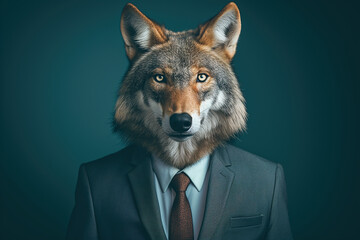 Portrait of a wolf dressed in an elegant suit on a dark green background - 740281877