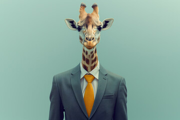 Portrait of an elegant giraffe dressed in suit on a green background - 740281891