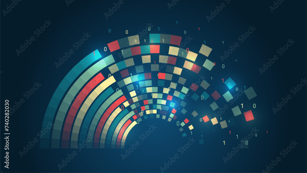Poster Large data stream on a dark background, glowing lines and circles. Data set analysis and visualization. Artificial intelligence, business analytics. An array of information in the form of a half disk.