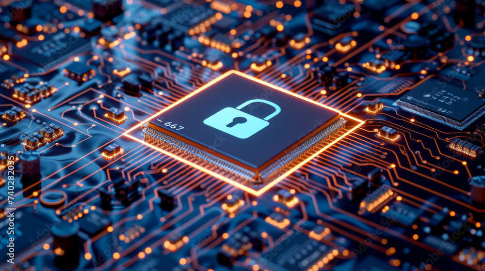 Aufkleber a close-up of a motherboard featuring a security chip with a lock symbol, surrounded by circuits and