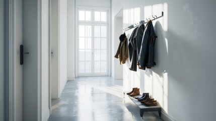 An empty hallway within a contemporary white apartment, featuring coats hanging on the wall and shoes neatly arranged on a rack