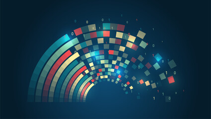 Large data stream on a dark background, glowing lines and circles. Data set analysis and visualization. Artificial intelligence, business analytics. An array of information in the form of a half disk.