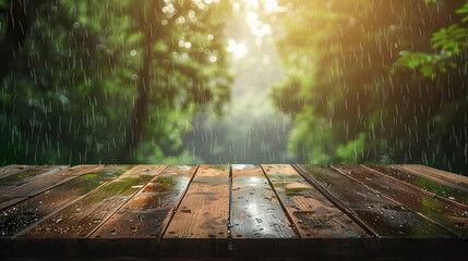 Empty wooden table top with blurred background of rainy forest. Place for product placement. Generated with AI