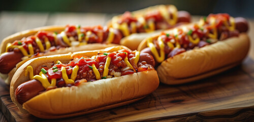 Hot dogs with ketchup, mustard and mayonnaise on wooden plate - obrazy, fototapety, plakaty