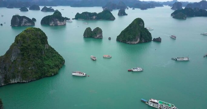 Vietnam travel destination. Tour tourism exploring. Beautiful landscape Halong Bay view from adove the Bo Hon Island. Halong Bay is the UNESCO World Heritage Site, beautiful natural, northern Vietnam