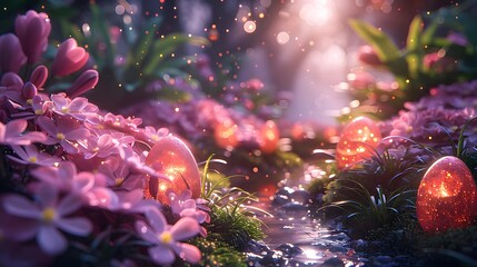 Fantasy Easter garden at twilight, magical and enchanting, digital art, lush vegetation with hidden Easter eggs, glowing light effects, wide angle, with starry sky background 