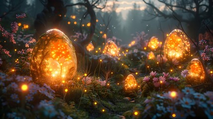 Fantasy Easter garden at twilight, magical and enchanting, digital art, lush vegetation with hidden Easter eggs, glowing light effects, wide angle, with starry sky background  - obrazy, fototapety, plakaty