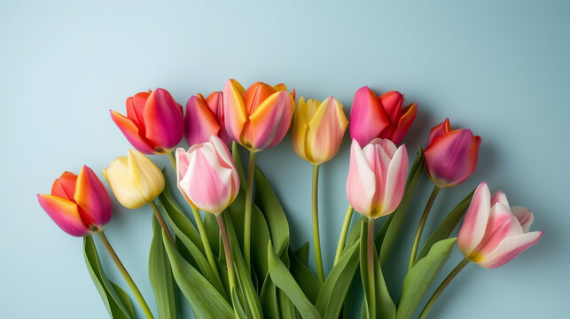 Bouquet of Colorful Tulips on Light Blue Background: Fresh Spring Flowers for Valentine's Day, Easter, Women's Day, and Mother's Day Celebrations