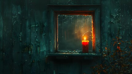 Solitary candle in a small window, symbolizing remembrance or quiet celebration, minimalist composition, with the night's darkness enveloping the soft, hopeful light of the candle