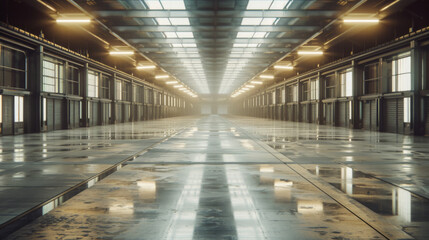 Fototapeta premium An expansive and modern industrial warehouse interior is illuminated in cool blue tones with a glossy floor reflecting the overhead lights.
